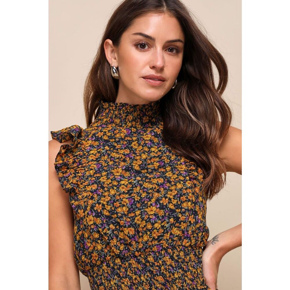 Lulus Midi Dress Evalina NEW Sleeveless Mustard Yellow Floral Print Mock Neck La - Picture 4 of 11